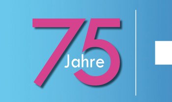 Logo des Deutschen Hochschulverbands auf blauem Hintergrund mit dem Zusatz "75 Jahre DHV"