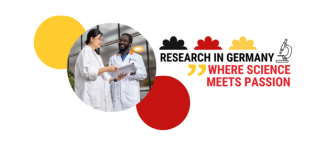 Pressefoto von Research in Germany. Zeigt eine Wissenschaftlerin und einen Wissenschaftler sowie das Logo