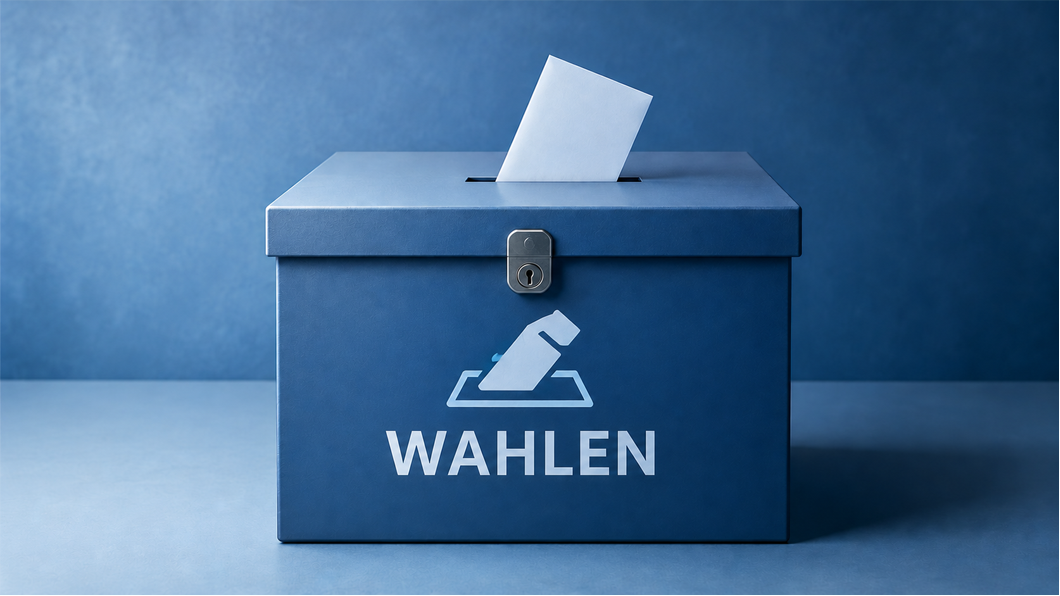 Foto: Blaues Bild mit einer Wahlurne